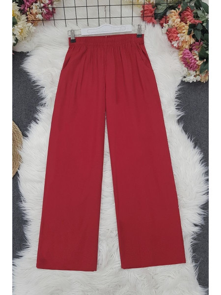 Wide Viscose Trousers With Elastic Waist Pockets -Red