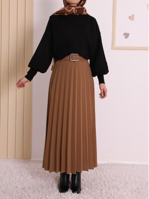 Buckled Belt Pleated Winter Skirt  -Mink color