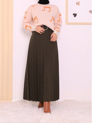 Buckled Belt Pleated Winter Skirt -Khaki