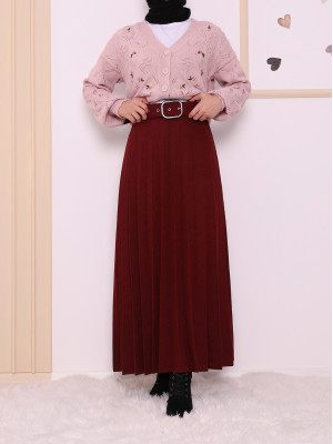 Buckled Belt Pleated Winter Skirt -Maroon