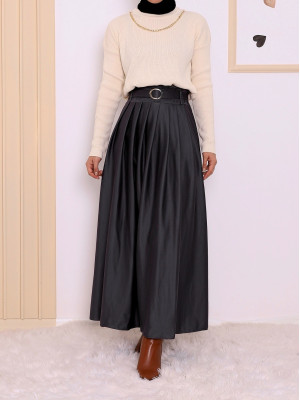 Buckled Belt Straight Winter Skirt -Black