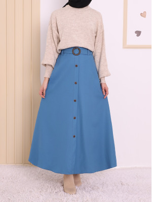 Button Detailed Flared Skirt With Buckle Belt -Dark blue