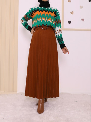 Buckled Belt Pleated Winter Skirt -Brick color