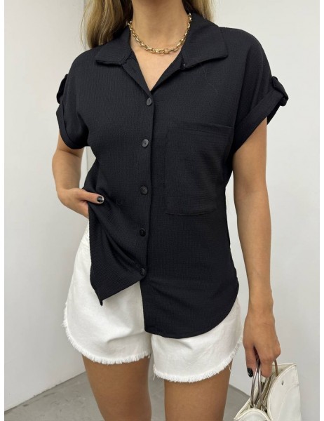 Double Sleeve Single Pocket Wrinkled Shirt  -Black