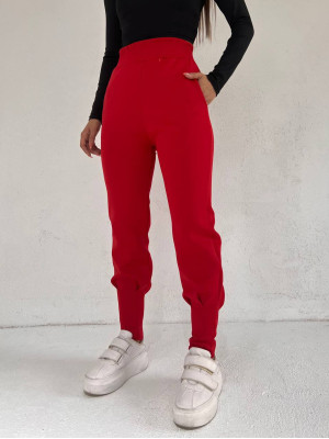 Elastic Waist Scuba Trousers with Stitched Legs and Pockets -Red
