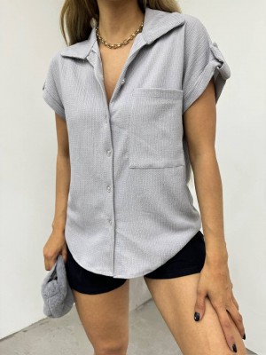 Double Sleeve Single Pocket Wrinkled Shirt  -Grey