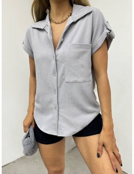 Double Sleeve Single Pocket Wrinkled Shirt  -Grey