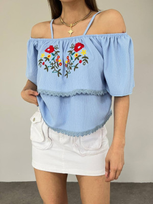 Rose Embroidered Guipure T-Shirt -Baby Blue