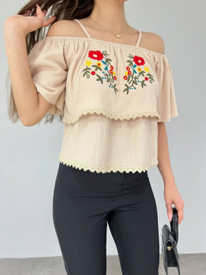 Rose Embroidered Guipure T-Shirt - Beige