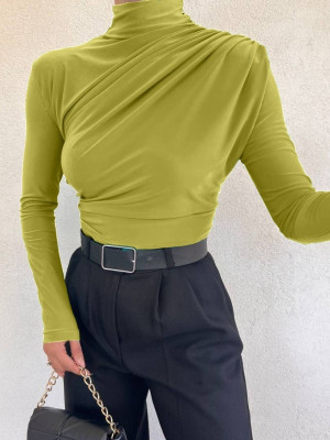 Yarım Boğaz Büzgülü Sandy Bluz   -Yağ Yeşili