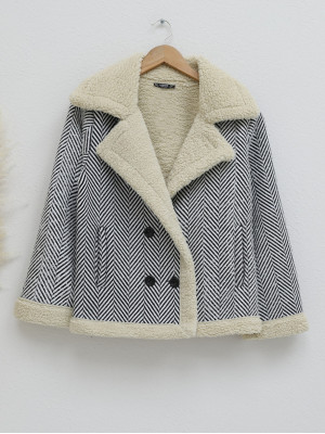 Fur Lined Buttoned Coat -Stone