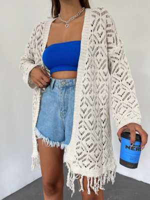 Knitwear Cardigan with Tasseled Skirt Baklava Pattern Mesh - Beige