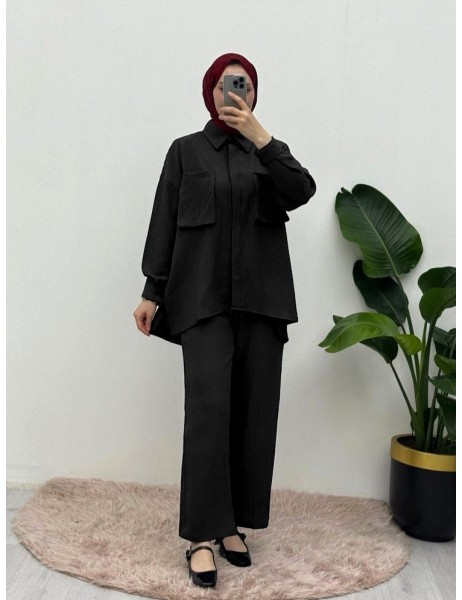 Double Linen Suit with Bellows Pocket   -Black