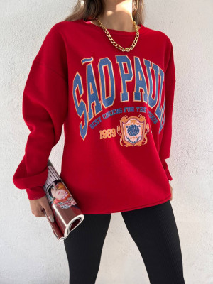Round Neck Letter Printed Fleece Sweat -Red