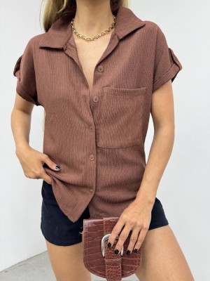Double Sleeve Single Pocket Wrinkled Shirt  -Dark Coffee