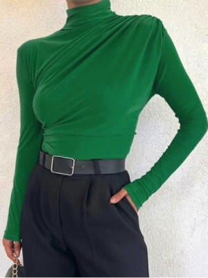Yarım Boğaz Büzgülü Sandy Bluz -Yeşil