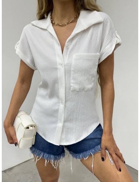 Double Sleeve Single Pocket Wrinkled Shirt  -White