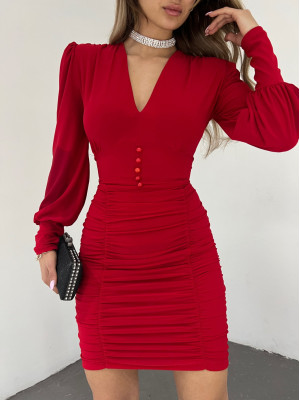 Lastikli Düğmeli V Yaka Sandy Mini Elbise -Kırmızı