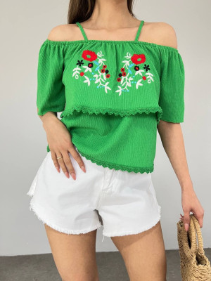 Rose Embroidered Guipure T-Shirt -Green