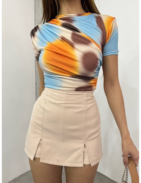 Waist Shoulder Gathered Batik Print Sendy Blouse  -apricot color