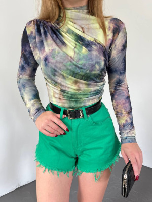 Batik Desenli Pileli Yarım Boğazlı Sandy Bluz -Yeşil