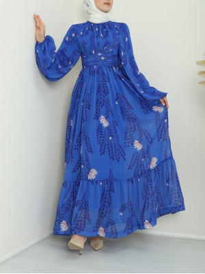مُجمّع عند الخصر والرقبة، فستان شيفون مبطن بأكمام بالون  -أزرق شامي