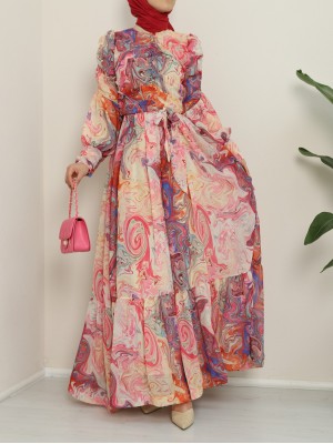 Balloon Sleeve Lined Design Chiffon Dress with Gathered Robe  -Pink