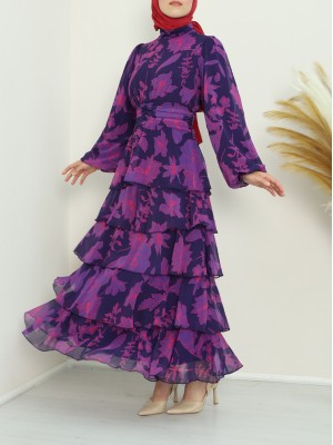 فستان شيفون مع تنورة خصر مجمعة وخمس طبقات من البطانة  -بنفسجي