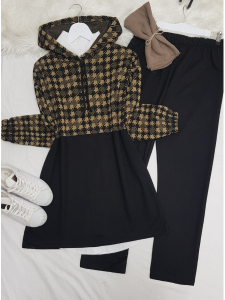 Crowbar Pattern Knitwear Detailed Hooded Set -Mink color