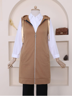 Hooded Combed Cotton Vest     -Snuff