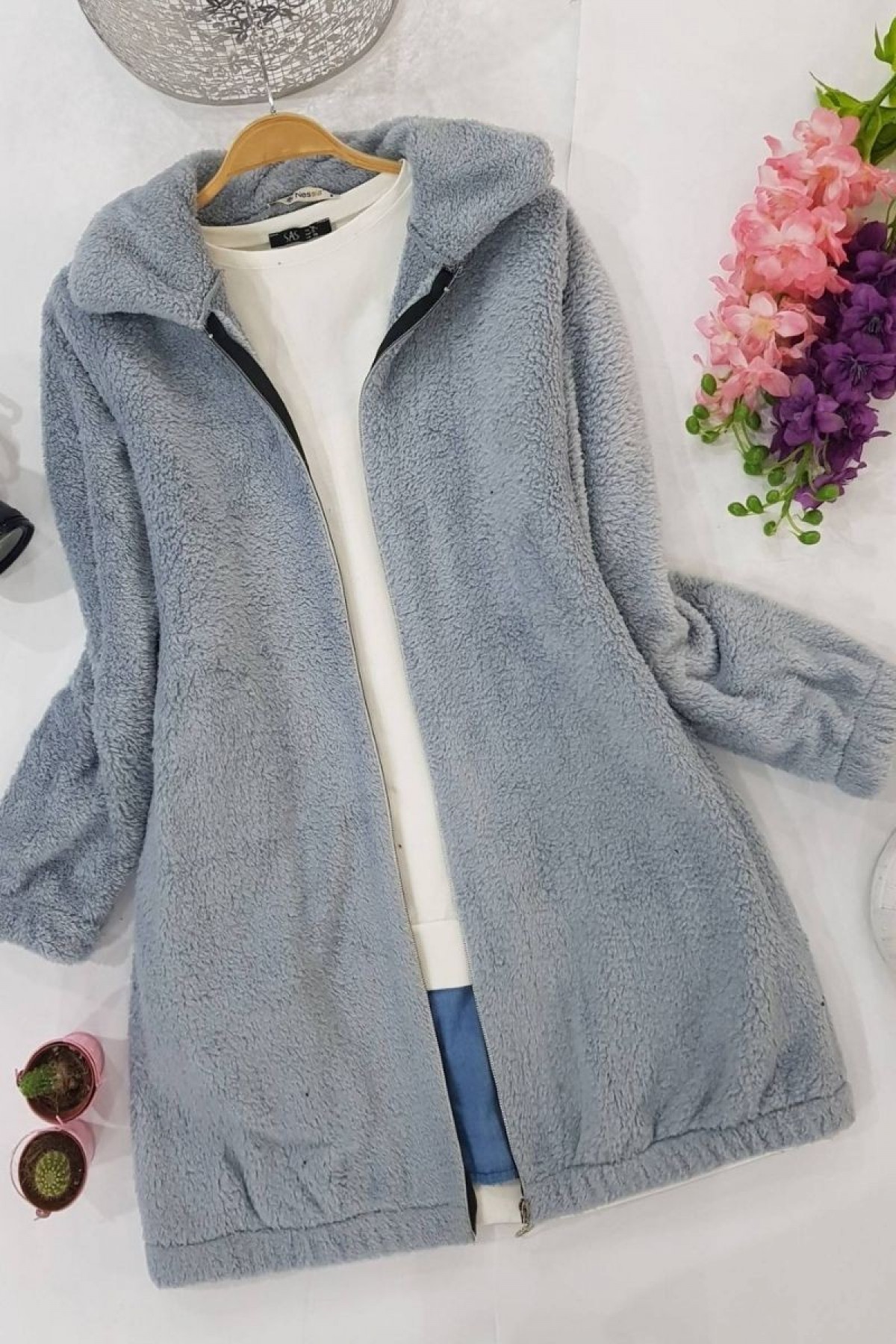 Fermuarlı Peluş Mont -Bebe Mavi