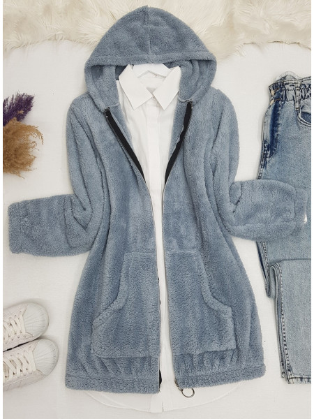 Hooded Zippered Plush Coat -Baby Blue