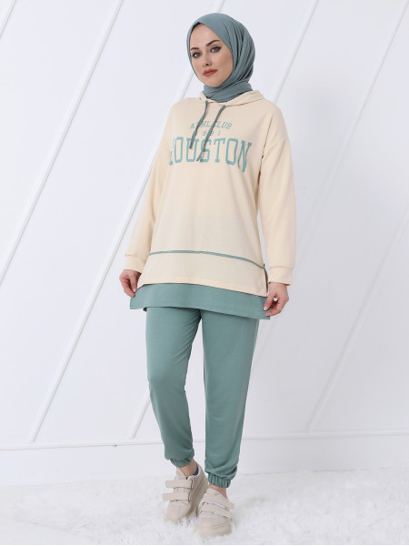 Hooded Written Combed Cotton Set With Elastic Legs -Mint Color