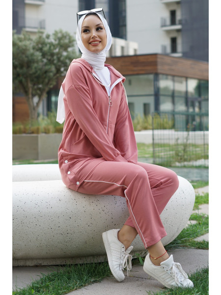 Hooded Slit Snap Snap Zippered Suit -Dried rose