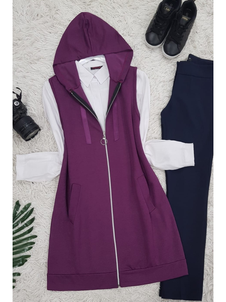 Hooded Combed Cotton Vest -Damson