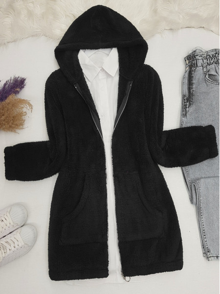 Hooded Zippered Plush Coat    -Black