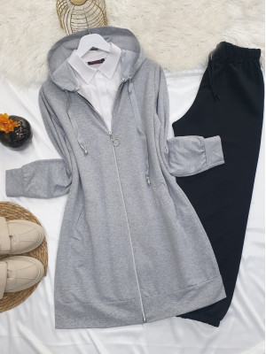Hooded Zippered Combed Cotton Sweat with Pocket -Grey