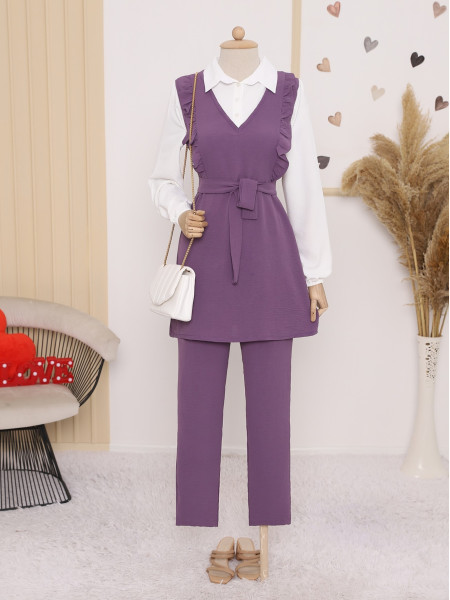 Front Frilly Pieced Fabric Aeroban Suit  - Purple