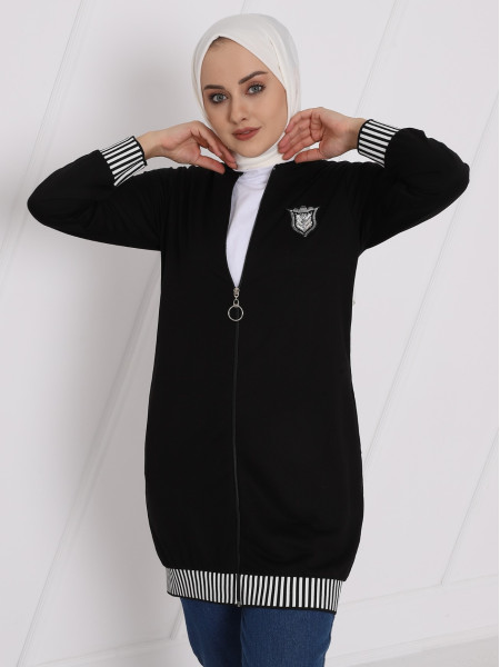 Coat of Arms and Elastic Combed Cotton Coat with Emblem Stones -Black