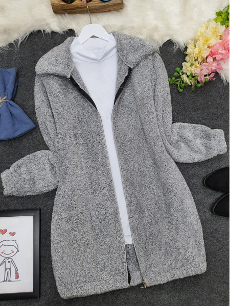 Zipper Plush Coat  -Grey
