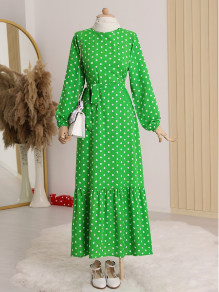 Skirt Pleated Lace-Up Polka Dot Dress -Green