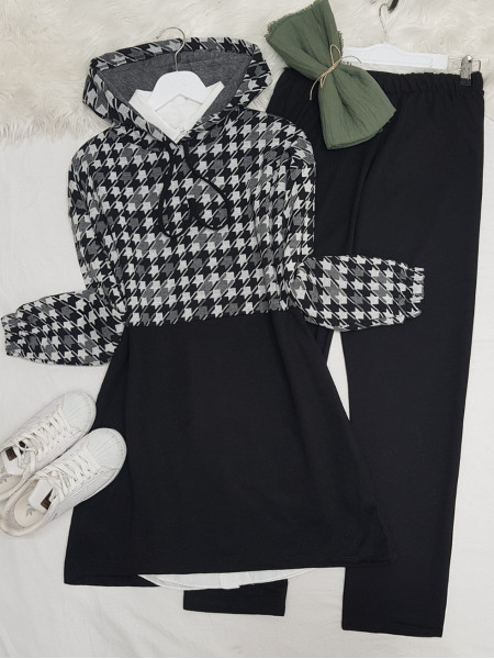 Crowbar Pattern Knitwear Detailed Hooded Set -Black