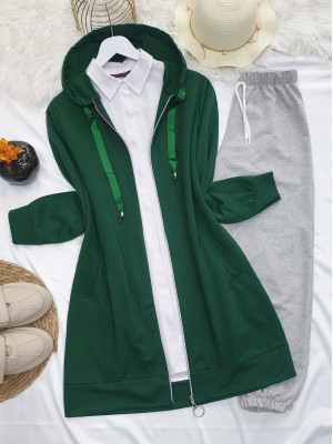 Hooded Zippered Combed Cotton Sweat with Pocket -Emerald