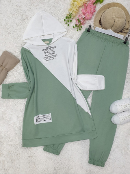 Hooded Letter Detailed Double Color Combed Cotton Set -Green