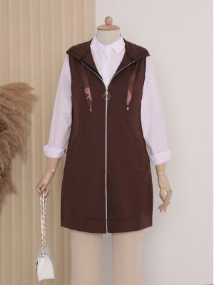 Hooded Combed Cotton Vest  -Brown