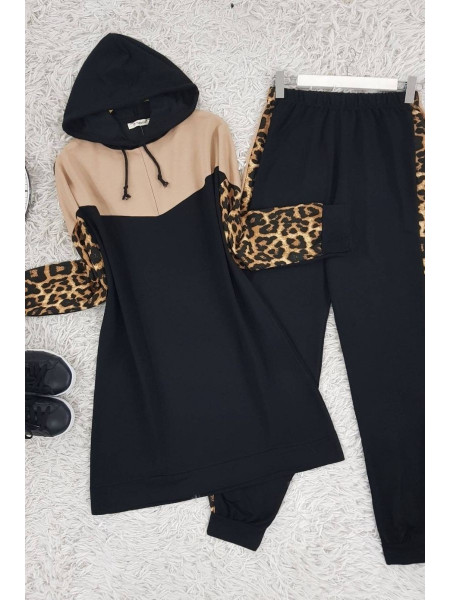 Leopard Pattern Combed Cotton Suit -Black