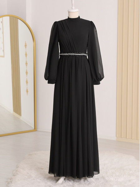 Bead Detailed Evening Dress  -Black