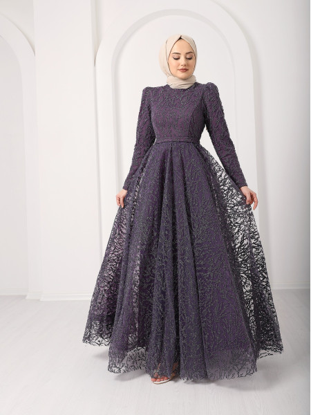 Belted Judge Collar Silvery Tulle Evening Dress - Purple