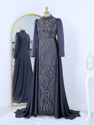 Tailed Bead Embroidered Satin Evening Dress -Anthracite