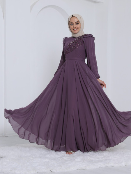 Ruffled Shoulder Embroidered Stone Front Evening Dress - Purple